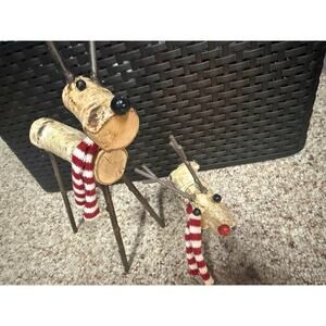 2 Adorable Birch Wood Reindeer Metal Sticks Legs Statues with Scarf